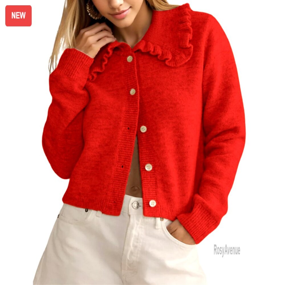 Y2K Ruffled Collar Cardigan Crop Top Classic Button Down Long Sleeve Sweater